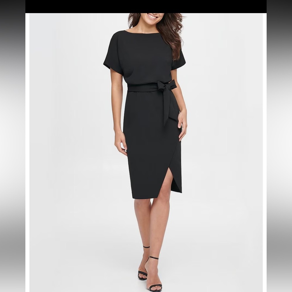 NWT Kensie 
Textured Knit Boat Neck Self-Tie Waist Faux Wrap Blouson Dress